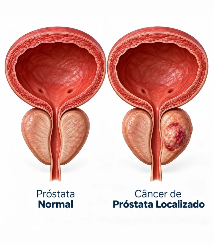Ilustração comparando próstata normal e próstata com câncer localizado