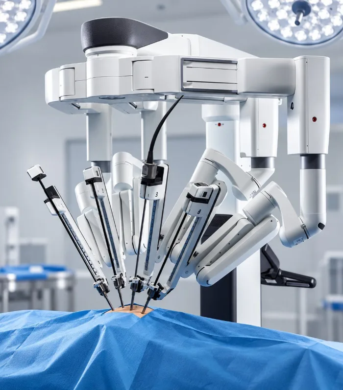 Braços de robô cirúrgico em sala de operação, representando a cirurgia robótica em urologia