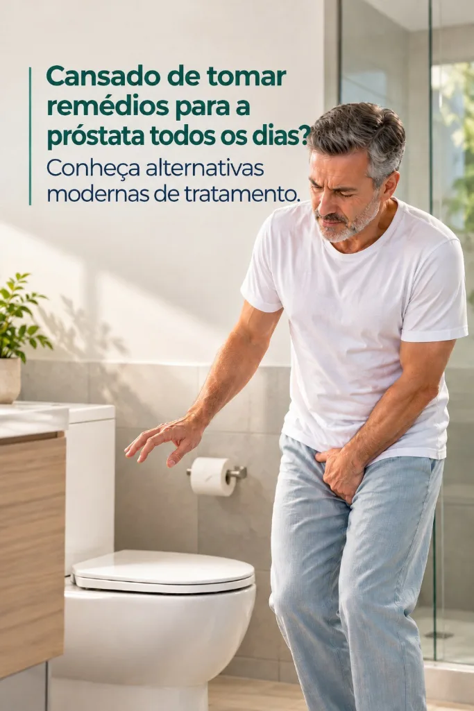 Homem com desconforto urinário diante do vaso sanitário, ilustrando sintomas de próstata aumentada