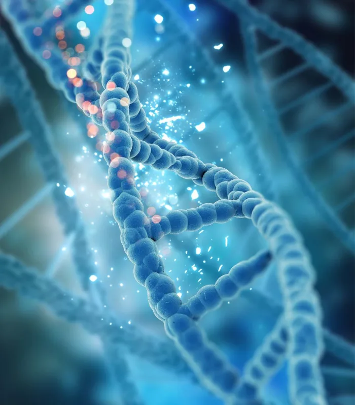 Hélice de DNA em tons de azul, representando o mapeamento genético