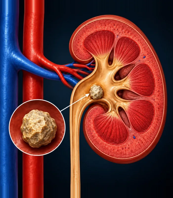 Ilustração de rim em corte com cálculo renal (pedra no rim)
