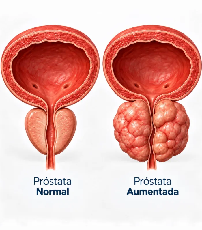 Ilustração comparando próstata normal e próstata aumentada (HPB)